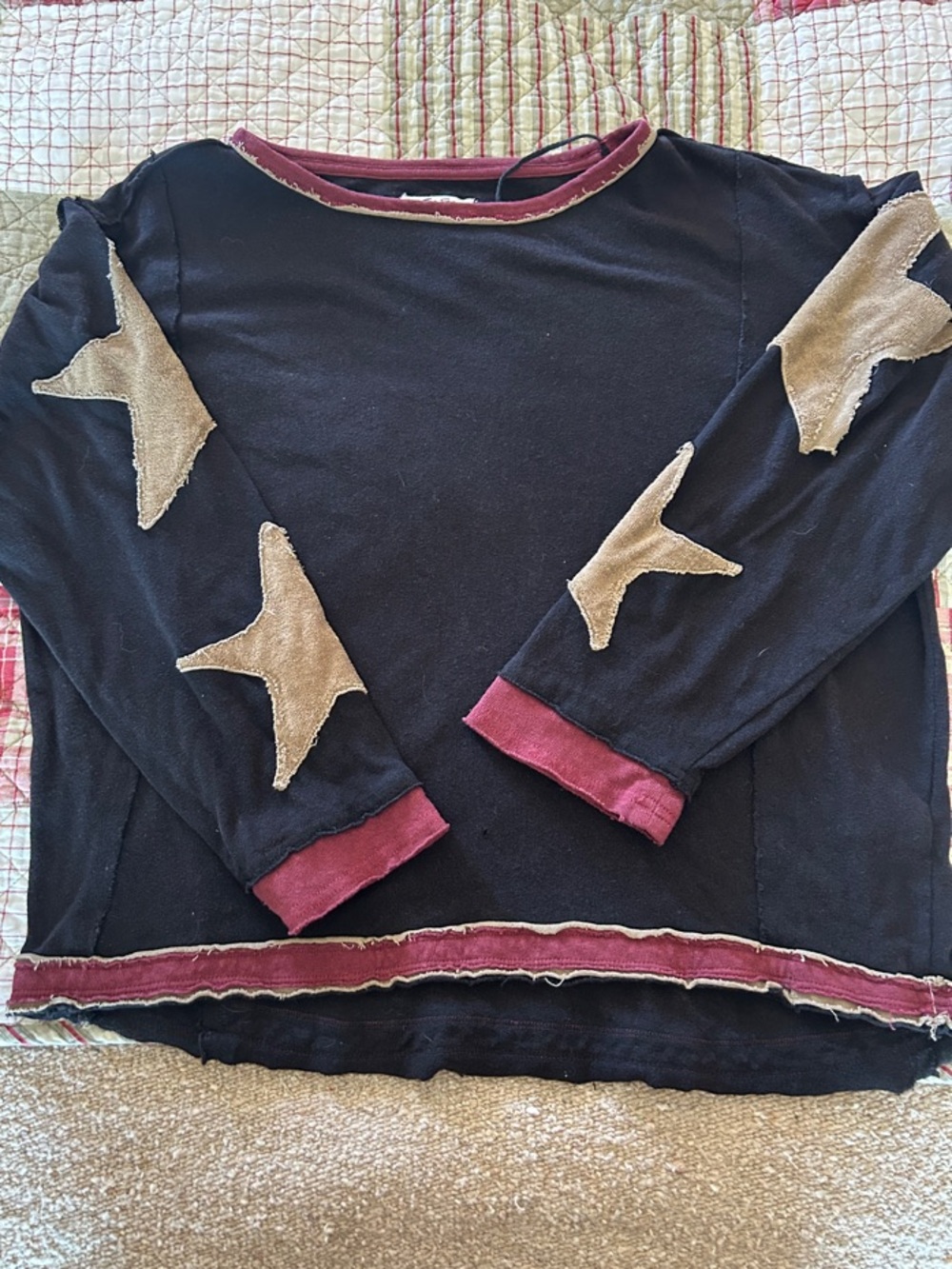 We The Free Black Long Sleeve Top with Beige Stars and Burgundy Trim